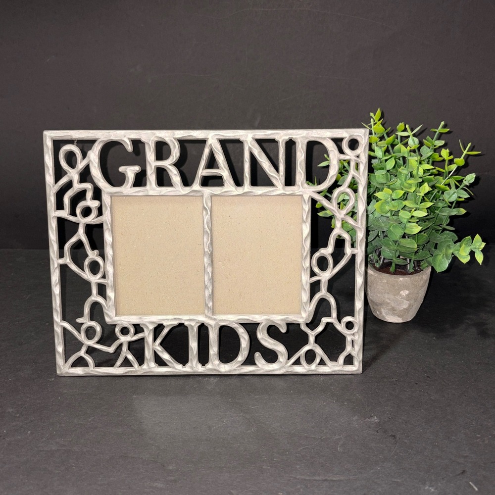 Grand Kids Silver Metal Double Picture Frame Textured Tabletop 7.5x9.5